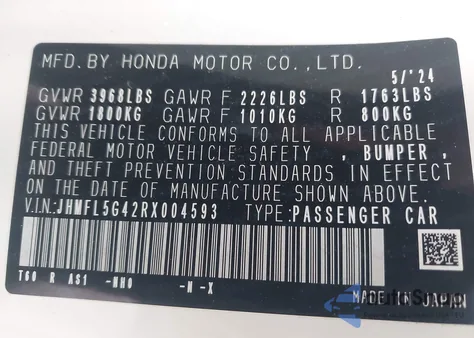 2024 Honda Civic Type R from USA, damaged, VIN JHMFL5G42RX004593